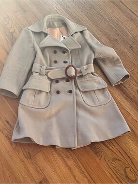 Vintage Double-Breasted Pea Coat in Light Beige with Belt